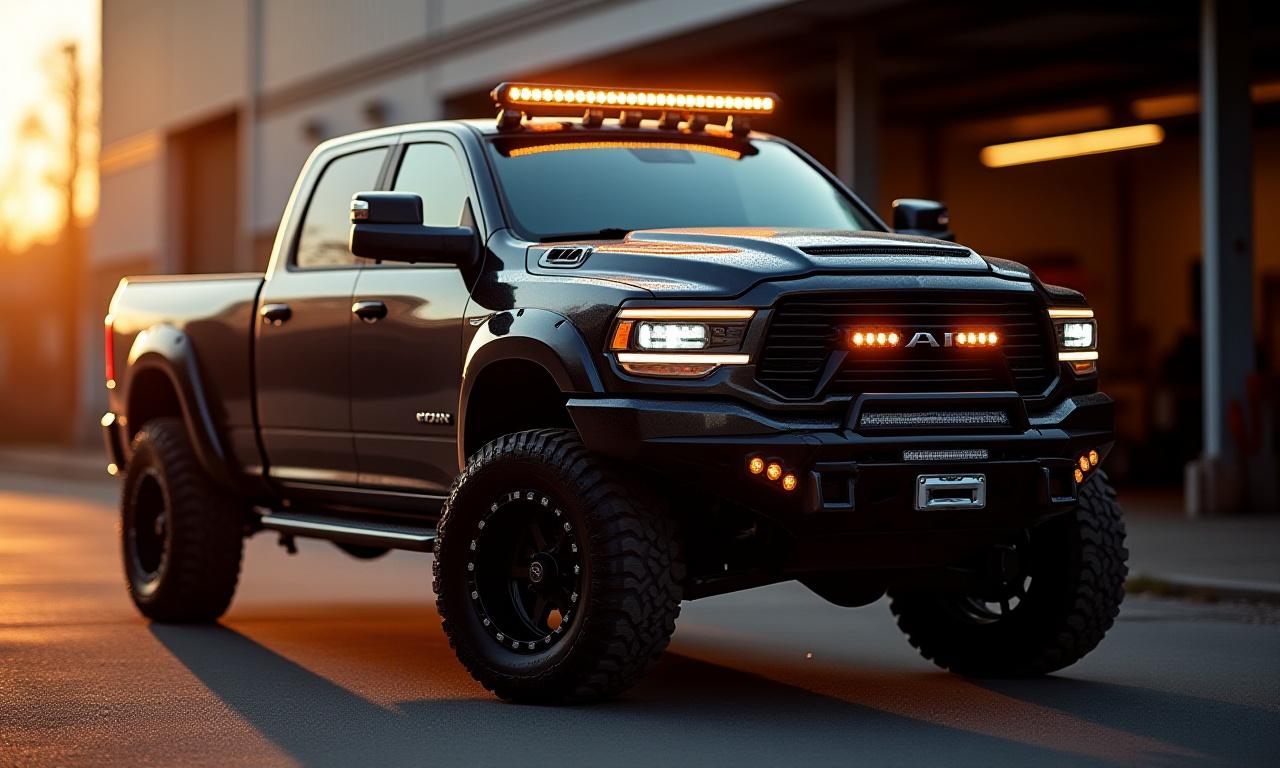 A tough, customized pickup truck with aftermarket bumpers and lights parked in front of a workshop.