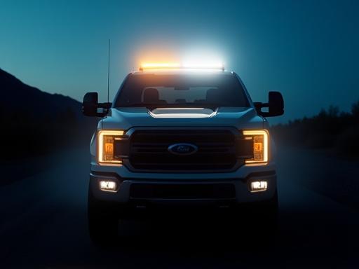 Bright LED light bar illuminated on the roof of a truck at dusk.