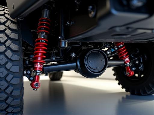 View of a newly installed suspension lift kit on a truck.