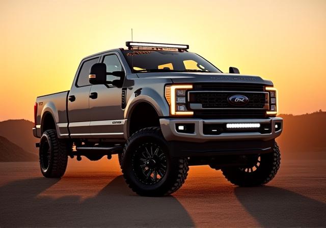 Modified Ford F-250 with a 6-inch lift kit and LED light bar.